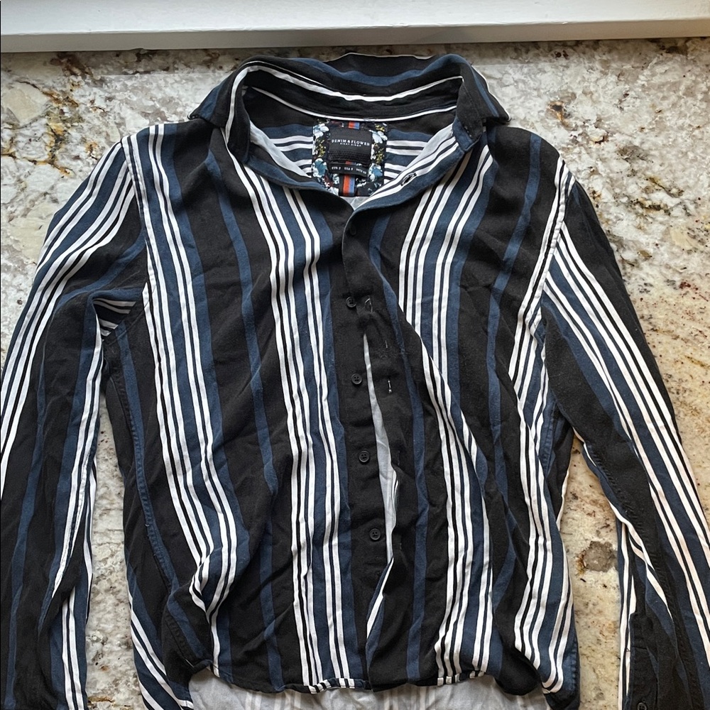 Men's Striped Casual Button Down Shirt - Black and Blue